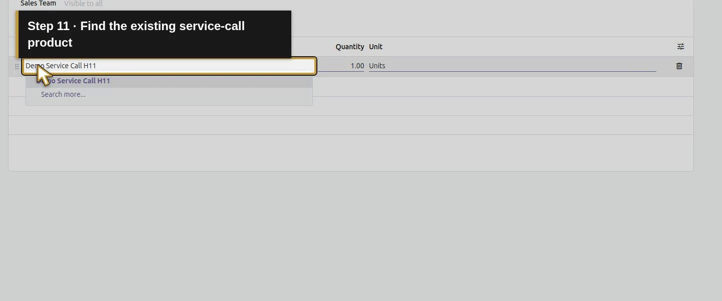 Action 11: Find the existing service-call product. The actual target is highlighted in gold.