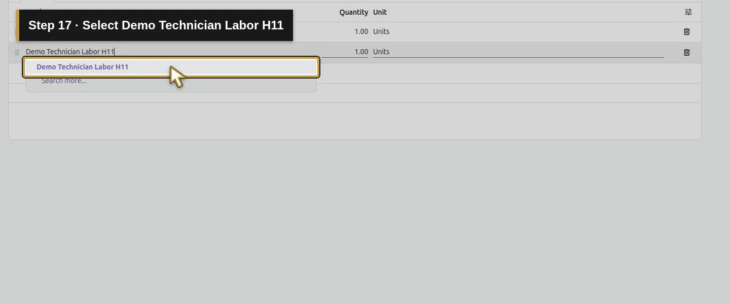 Action 17: Select Demo Technician Labor H11. The actual target is highlighted in gold.