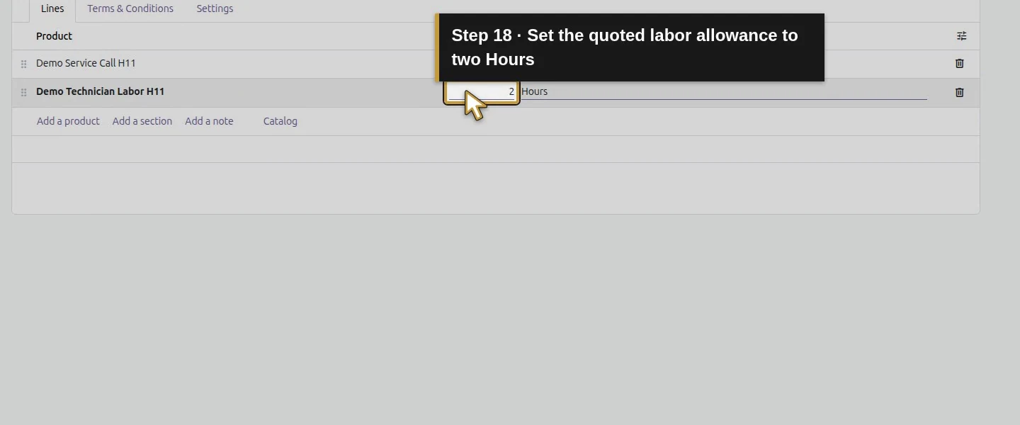Action 18: Set the quoted labor allowance to two Hours. The actual target is highlighted in gold.