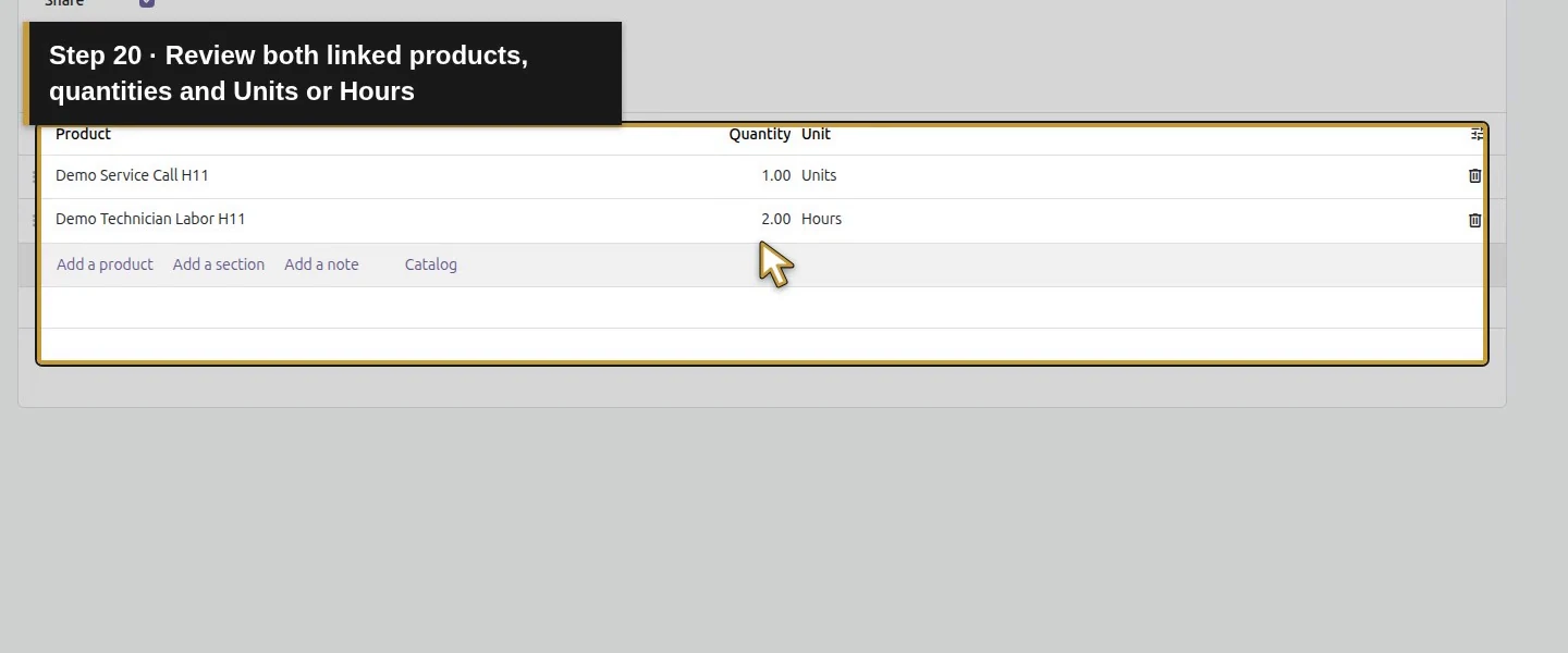 Action 20: Review both linked products, quantities and Units or Hours. The actual target is highlighted in gold.