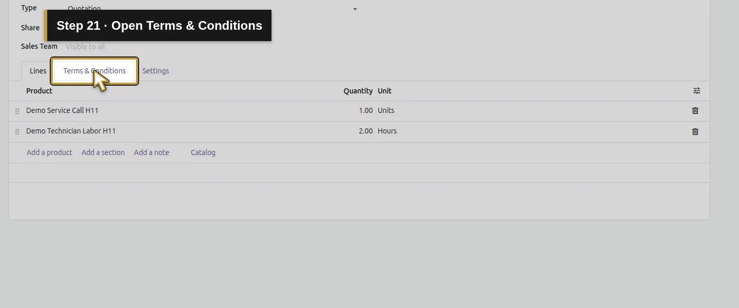 Action 21: Open Terms & Conditions. The actual target is highlighted in gold.