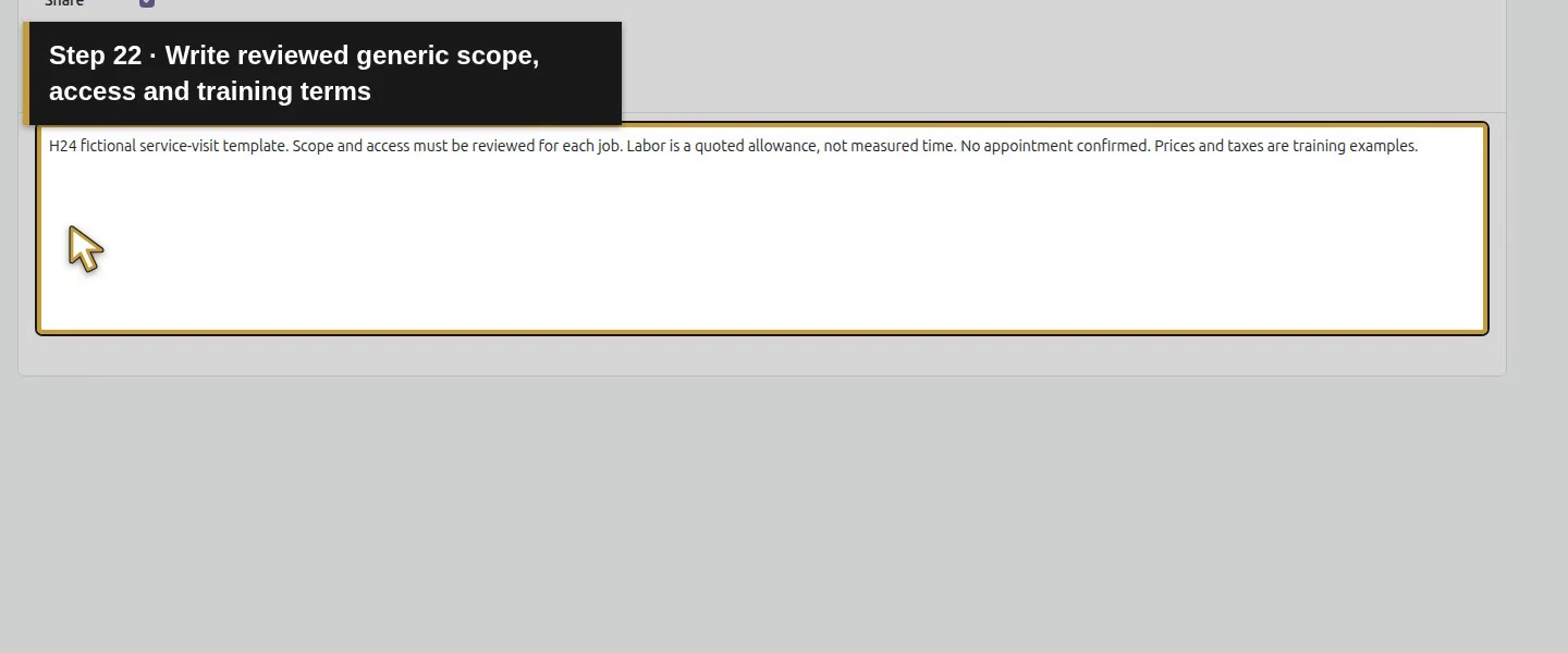 Action 22: Write reviewed generic scope, access and training terms. The actual target is highlighted in gold.