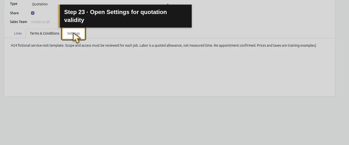 Action 23: Open Settings for quotation validity. The actual target is highlighted in gold.
