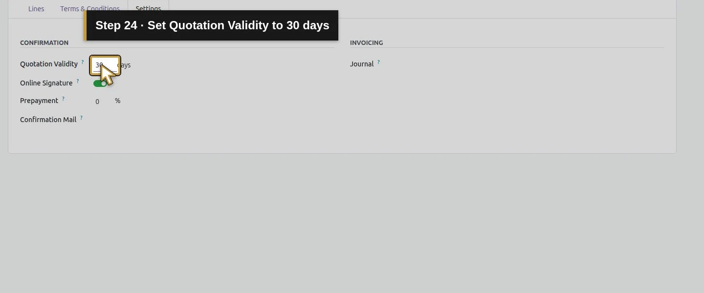 Action 24: Set Quotation Validity to 30 days. The actual target is highlighted in gold.