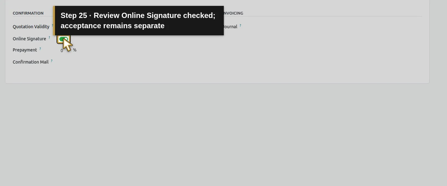 Action 25: Review Online Signature checked; acceptance remains separate. The actual target is highlighted in gold.
