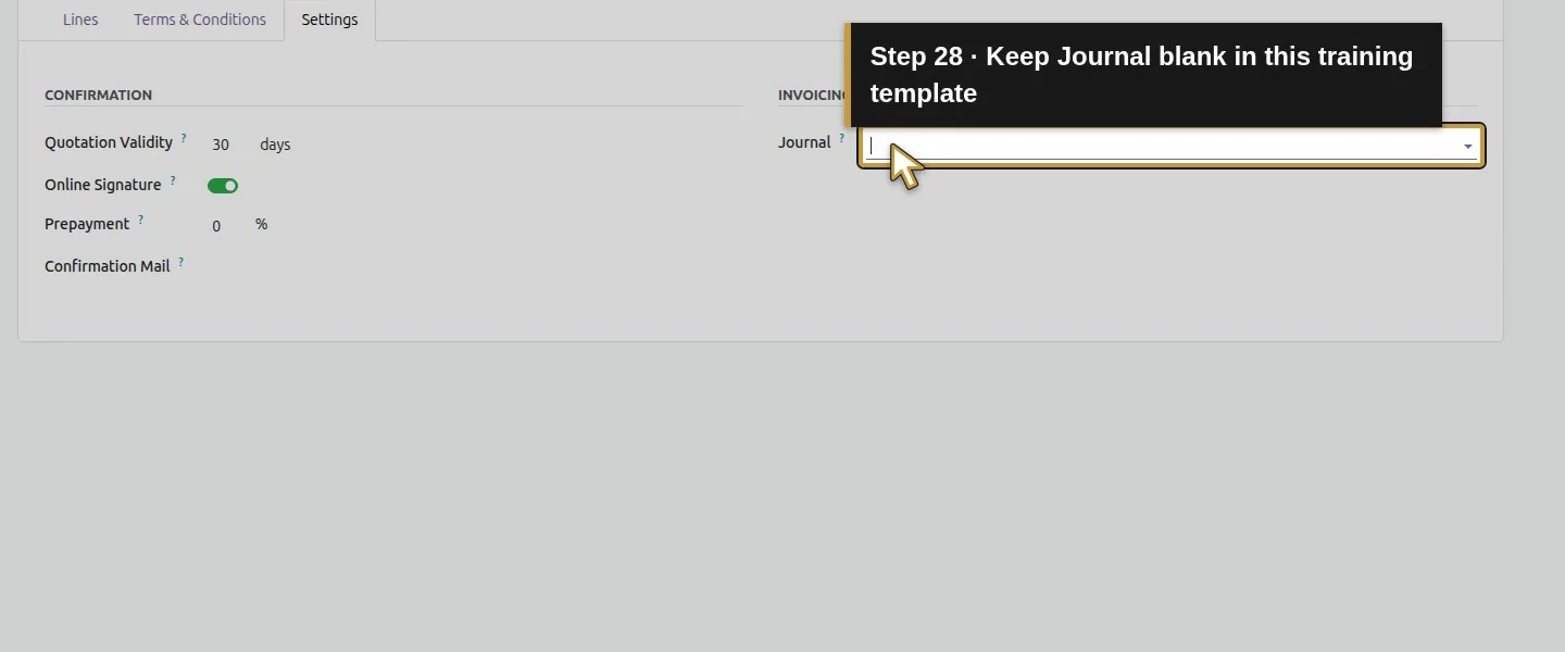 Action 28: Keep Journal blank in this training template. The actual target is highlighted in gold.