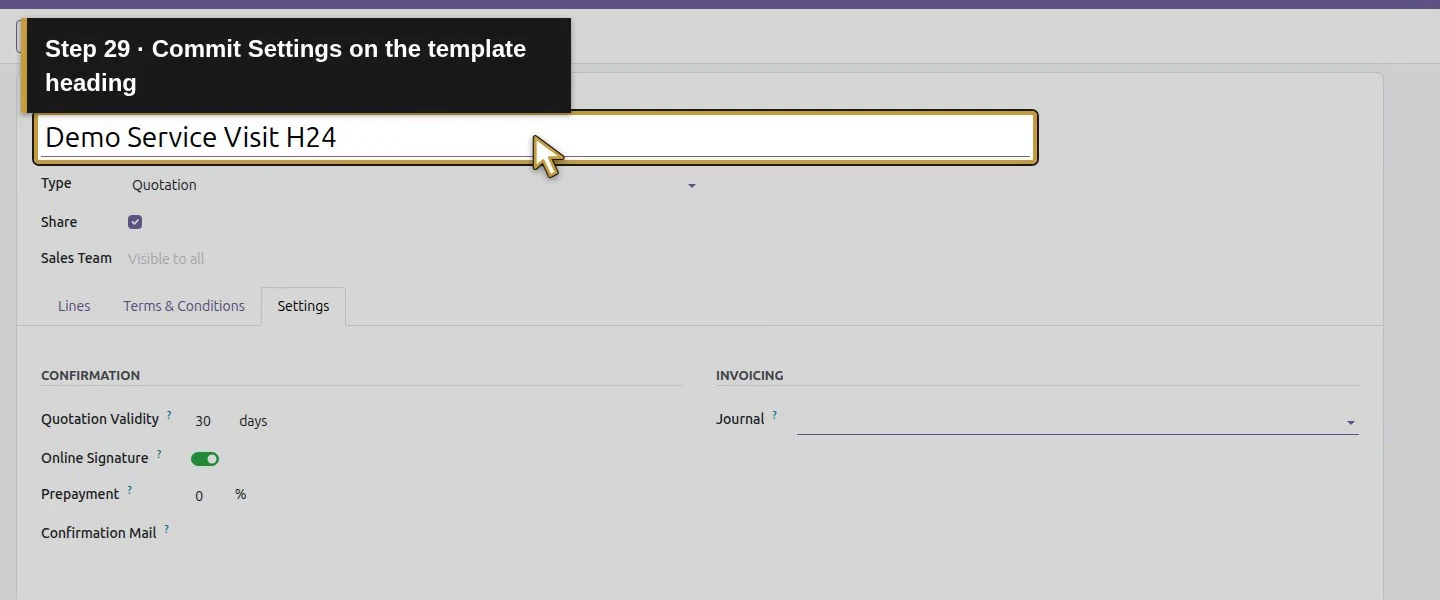Action 29: Commit Settings on the template heading. The actual target is highlighted in gold.
