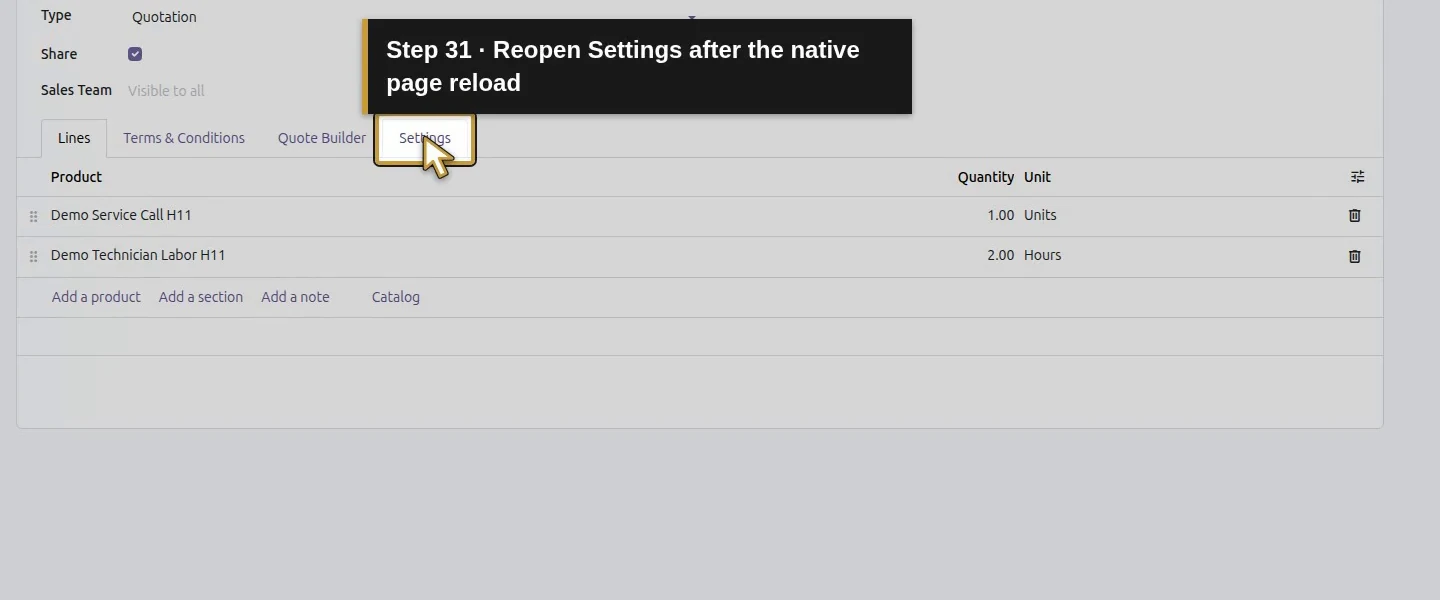 Action 31: Reopen Settings after the native page reload. The actual target is highlighted in gold.