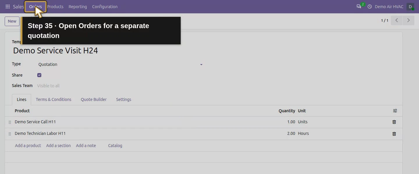 Action 35: Open Orders for a separate quotation. The actual target is highlighted in gold.