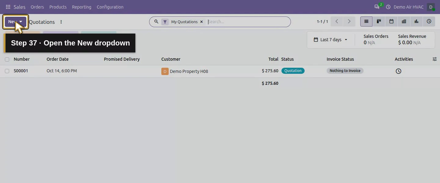 Action 37: Open the New dropdown. The actual target is highlighted in gold.