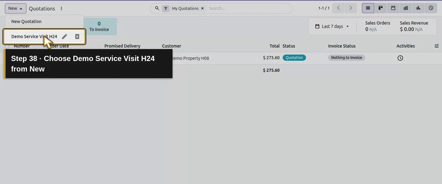 Action 38: Choose Demo Service Visit H24 from New. The actual target is highlighted in gold.