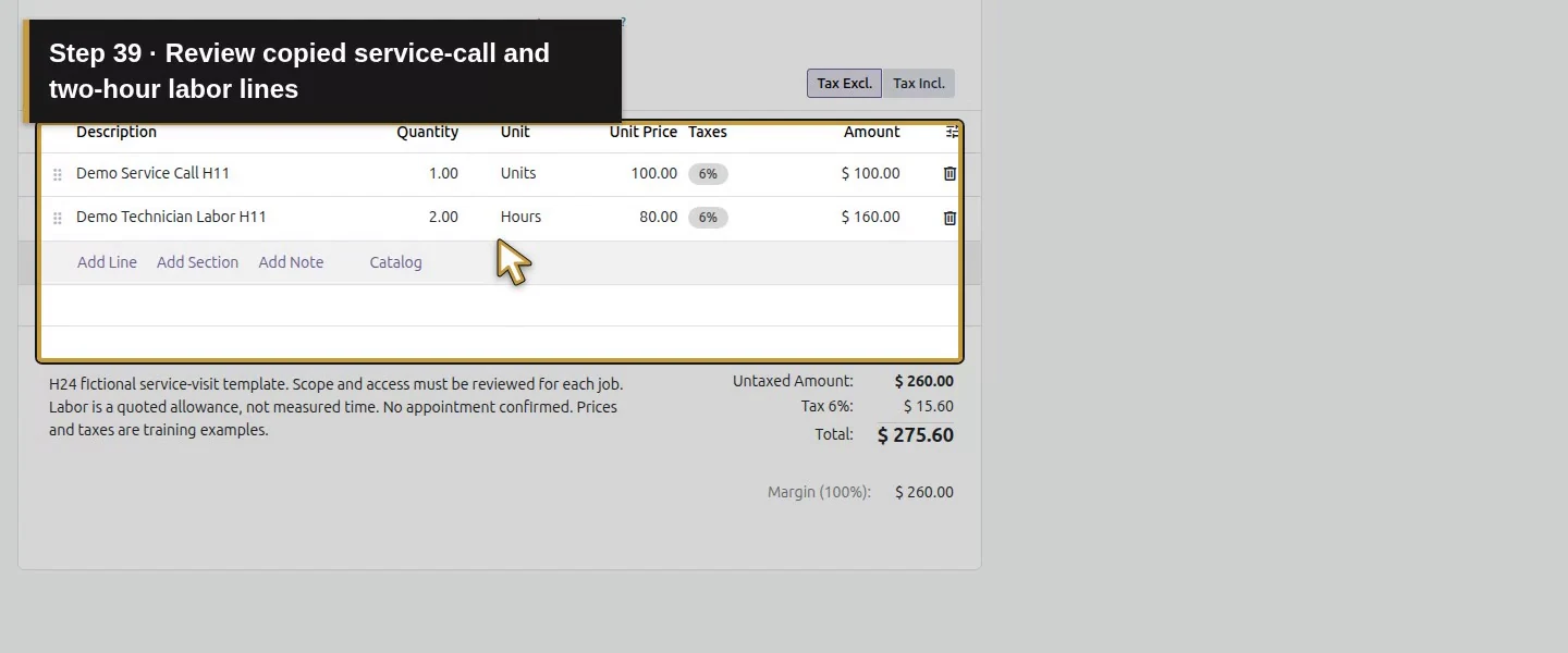 Action 39: Review copied service-call and two-hour labor lines. The actual target is highlighted in gold.