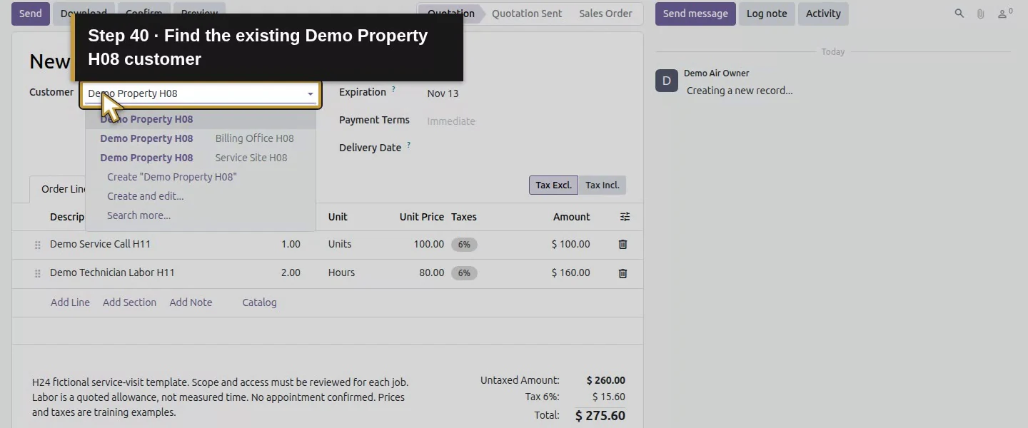 Action 40: Find the existing Demo Property H08 customer. The actual target is highlighted in gold.