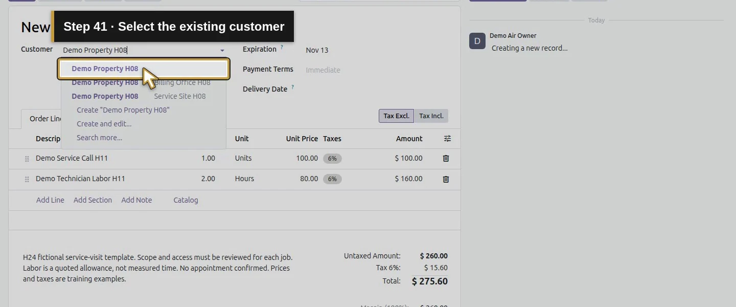 Action 41: Select the existing customer. The actual target is highlighted in gold.
