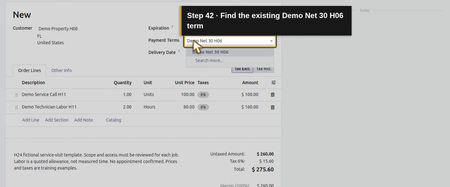 Action 42: Find the existing Demo Net 30 H06 term. The actual target is highlighted in gold.