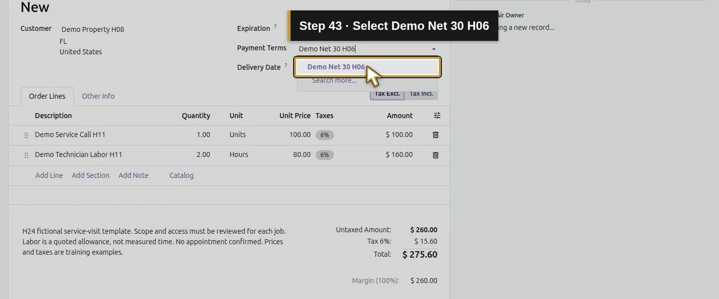 Action 43: Select Demo Net 30 H06. The actual target is highlighted in gold.