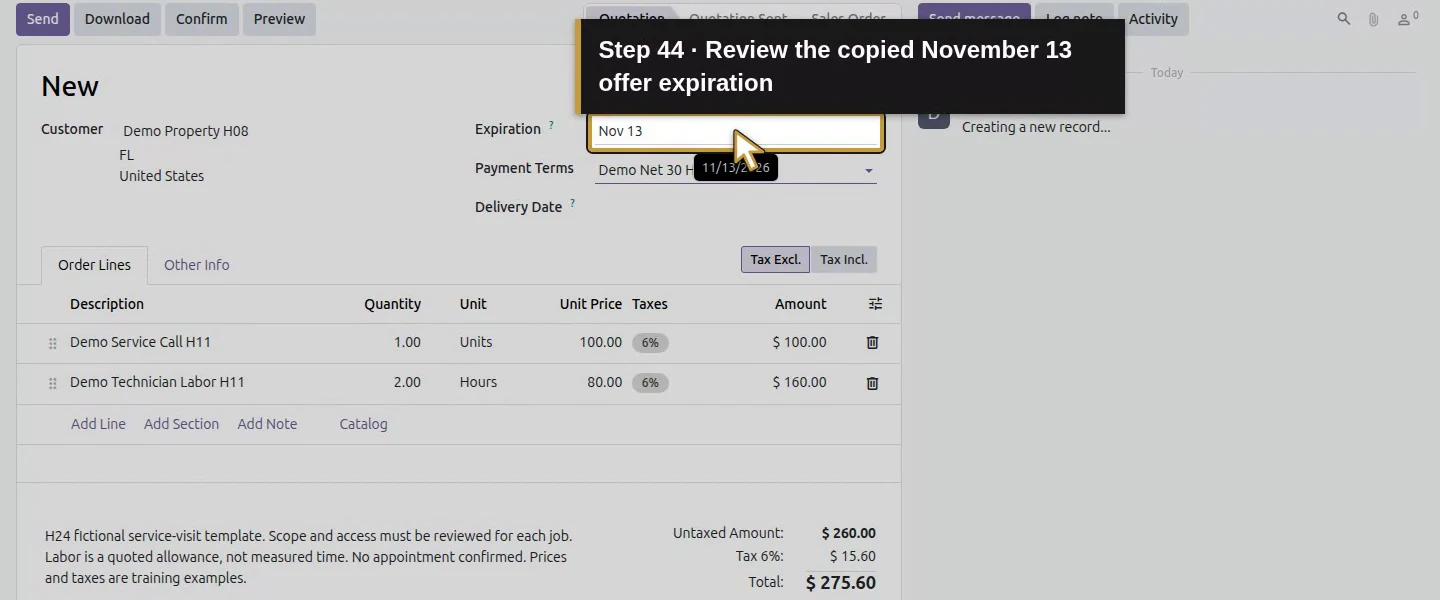 Action 44: Review the copied November 13 offer expiration. The actual target is highlighted in gold.
