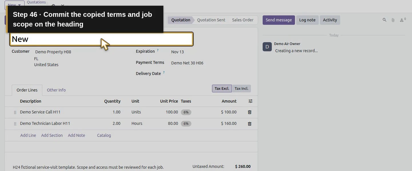 Action 46: Commit the copied terms and job scope on the heading. The actual target is highlighted in gold.