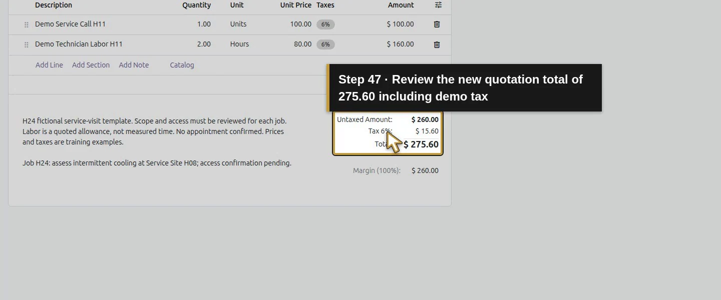 Action 47: Review the new quotation total of 275.60 including demo tax. The actual target is highlighted in gold.
