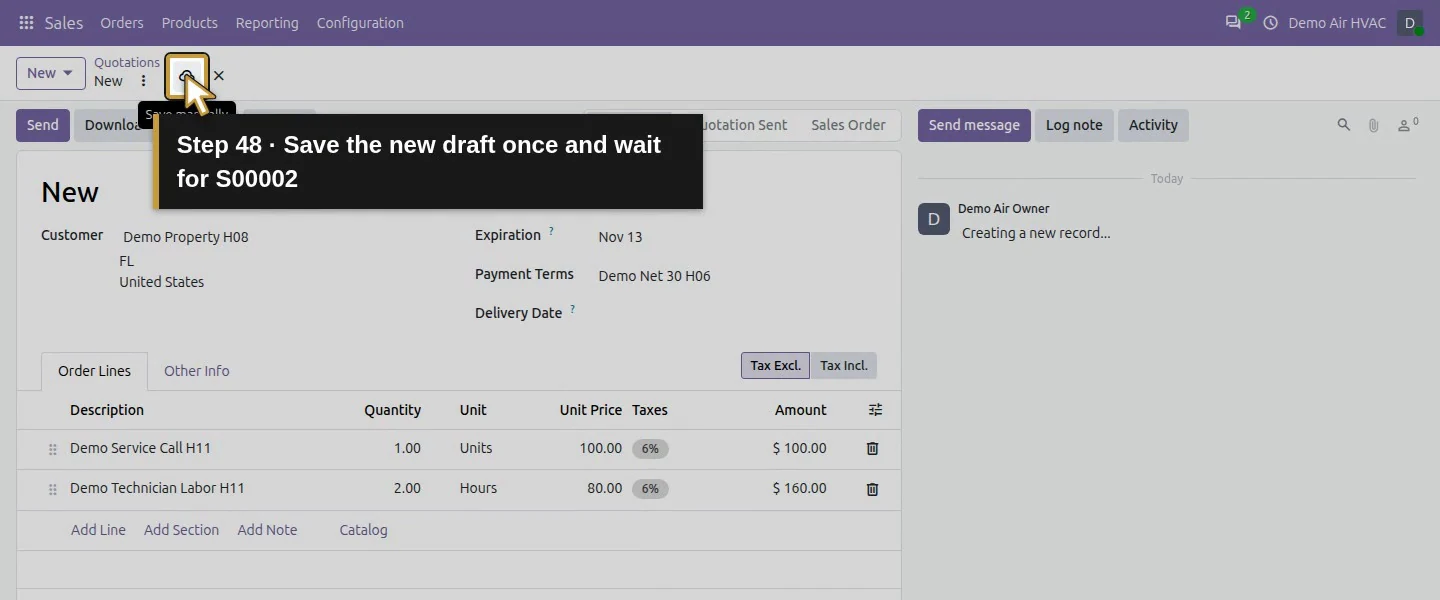 Action 48: Save the new draft once and wait for S00002. The actual target is highlighted in gold.