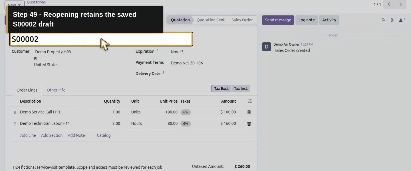 Action 49: Reopening retains the saved S00002 draft. The actual target is highlighted in gold.