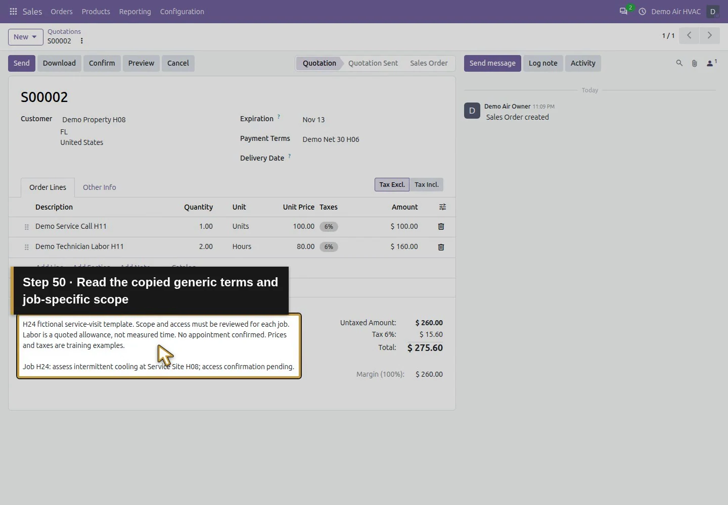 Action 50: Read the copied generic terms and job-specific scope. The actual target is highlighted in gold.