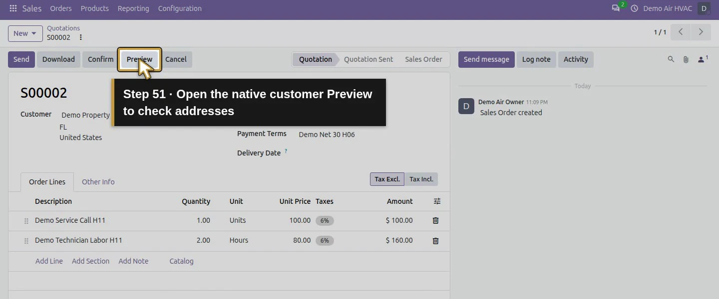 Action 51: Open the native customer Preview to check addresses. The actual target is highlighted in gold.