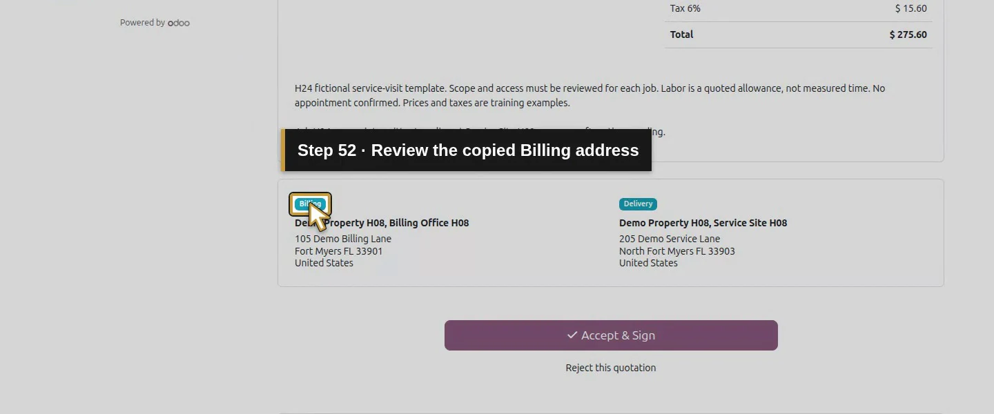 Action 52: Review the copied Billing address. The actual target is highlighted in gold.