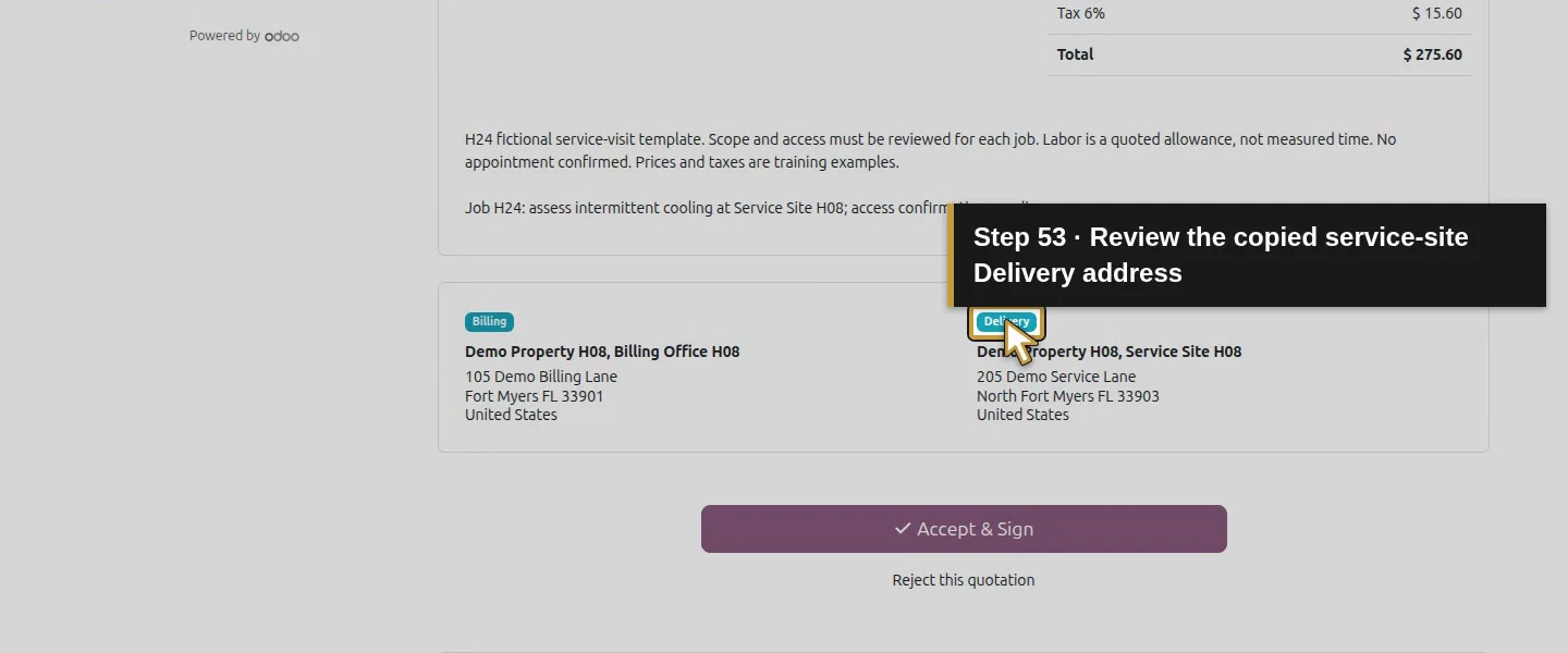 Action 53: Review the copied service-site Delivery address. The actual target is highlighted in gold.
