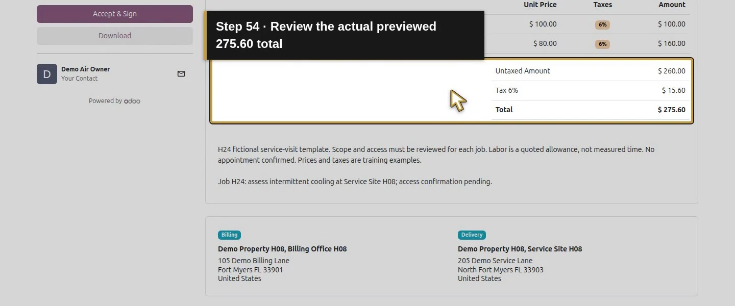Action 54: Review the actual previewed 275.60 total. The actual target is highlighted in gold.