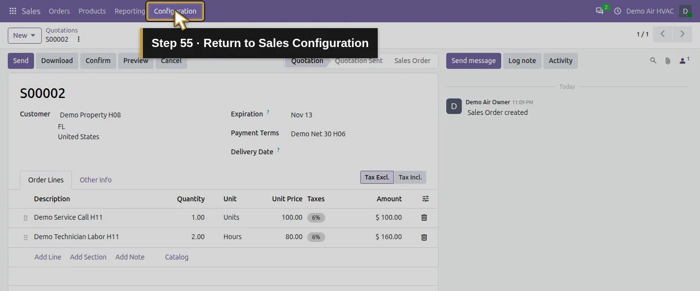Action 55: Return to Sales Configuration. The actual target is highlighted in gold.