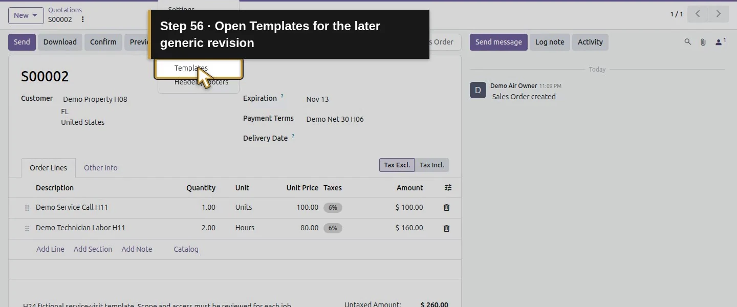 Action 56: Open Templates for the later generic revision. The actual target is highlighted in gold.