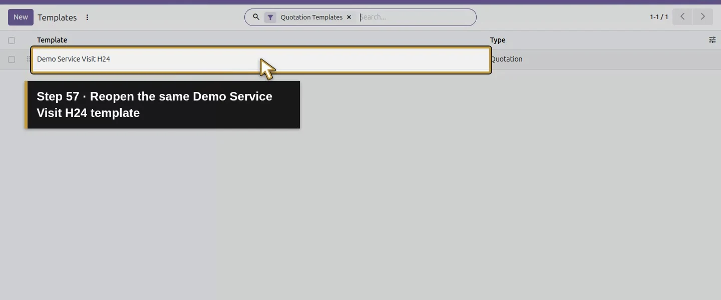 Action 57: Reopen the same Demo Service Visit H24 template. The actual target is highlighted in gold.