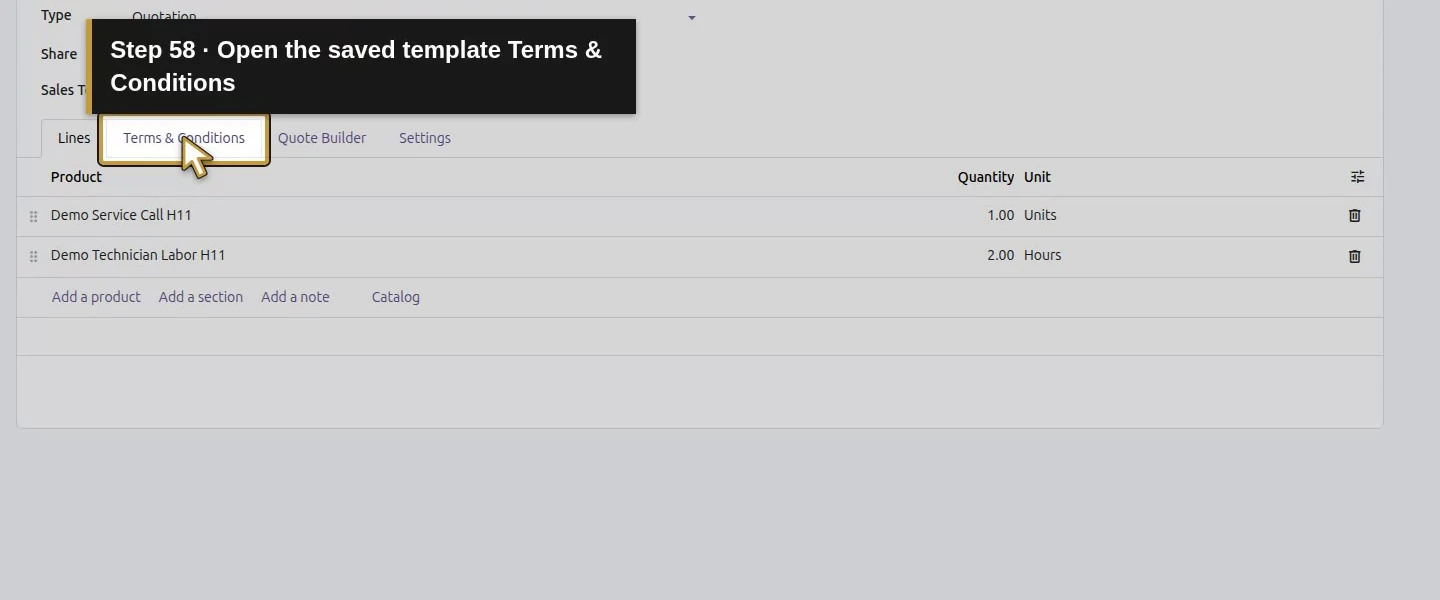 Action 58: Open the saved template Terms & Conditions. The actual target is highlighted in gold.