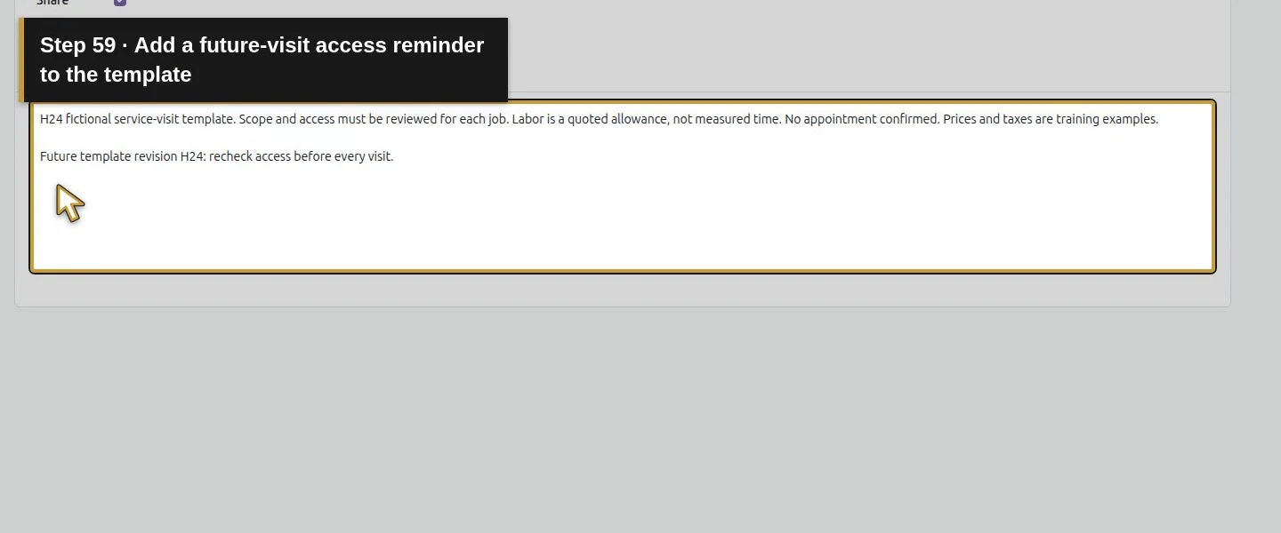 Action 59: Add a future-visit access reminder to the template. The actual target is highlighted in gold.