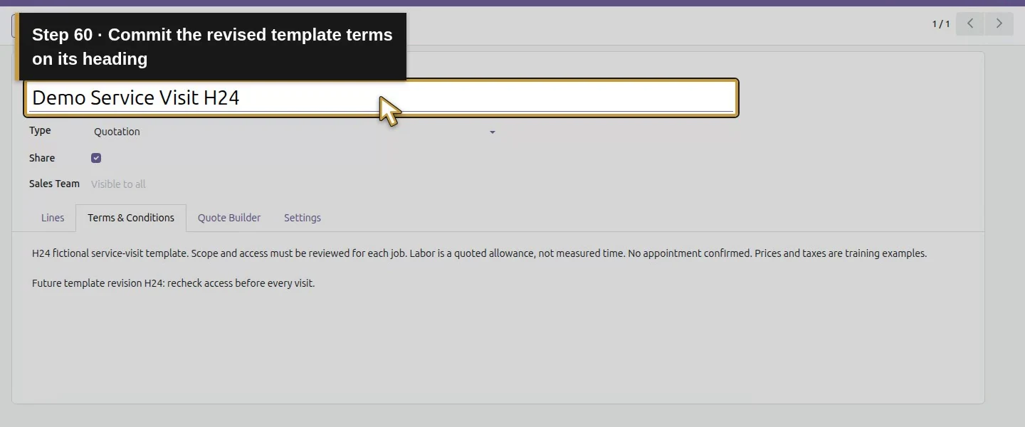 Action 60: Commit the revised template terms on its heading. The actual target is highlighted in gold.