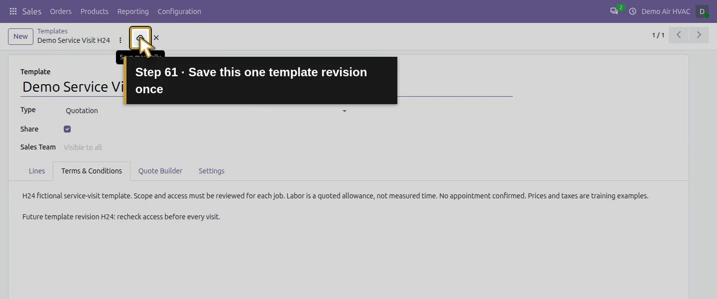 Action 61: Save this one template revision once. The actual target is highlighted in gold.