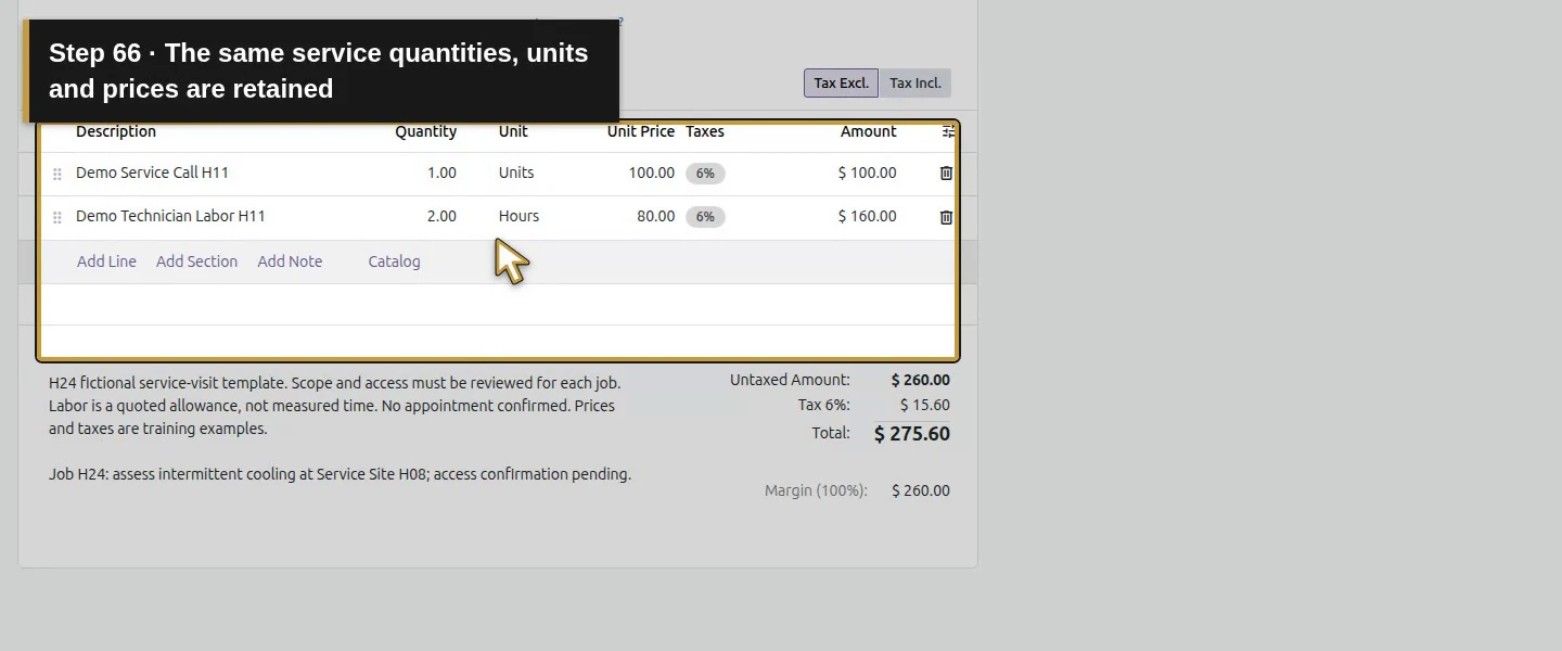 Action 66: The same service quantities, units and prices are retained. The actual target is highlighted in gold.