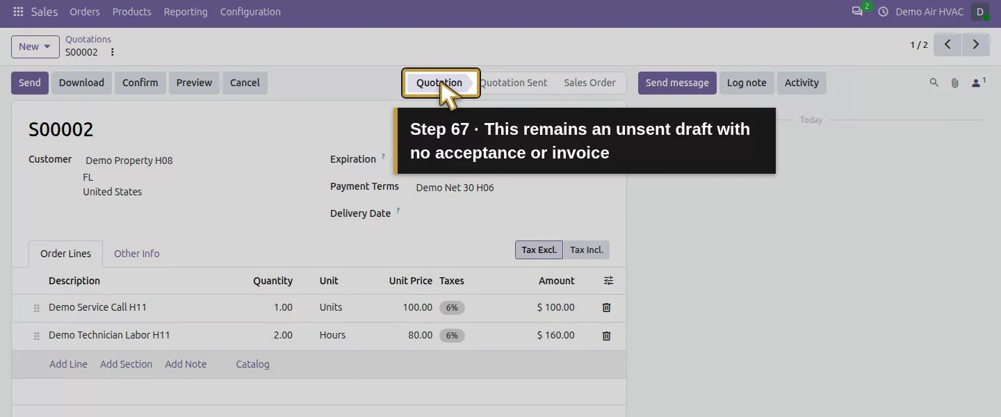 Action 67: This remains an unsent draft with no acceptance or invoice. The actual target is highlighted in gold.