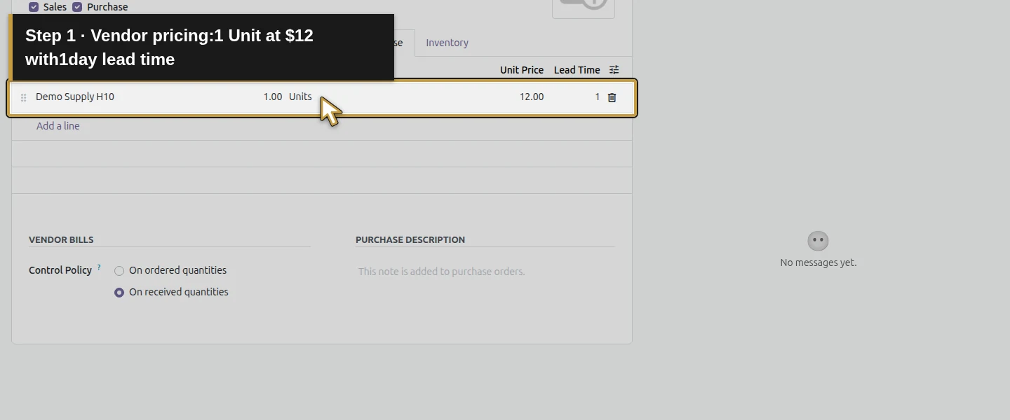 Action 1: Vendor pricing:1 Unit at $12 with1day lead time. The actual target is highlighted in gold.