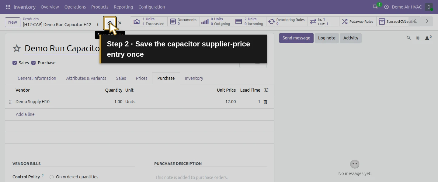 Action 2: Save the capacitor supplier-price entry once. The actual target is highlighted in gold.