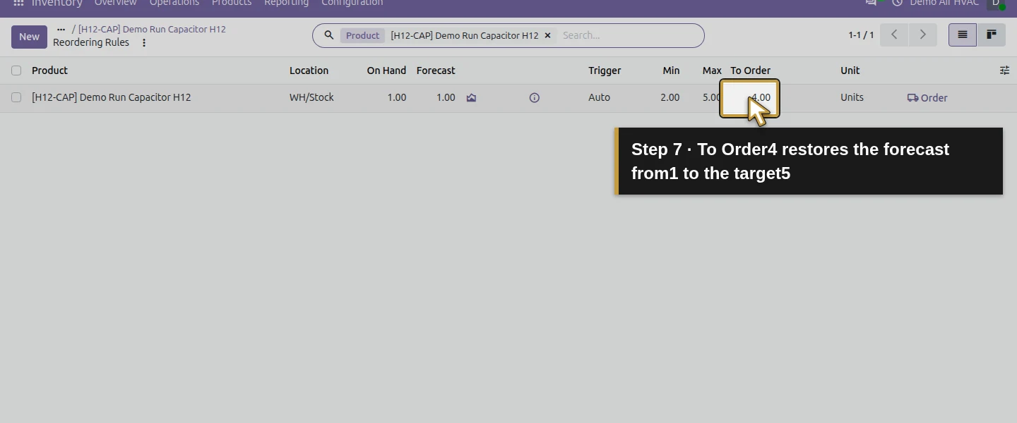 Action 7: To Order4 restores the forecast from1 to the target5. The actual target is highlighted in gold.