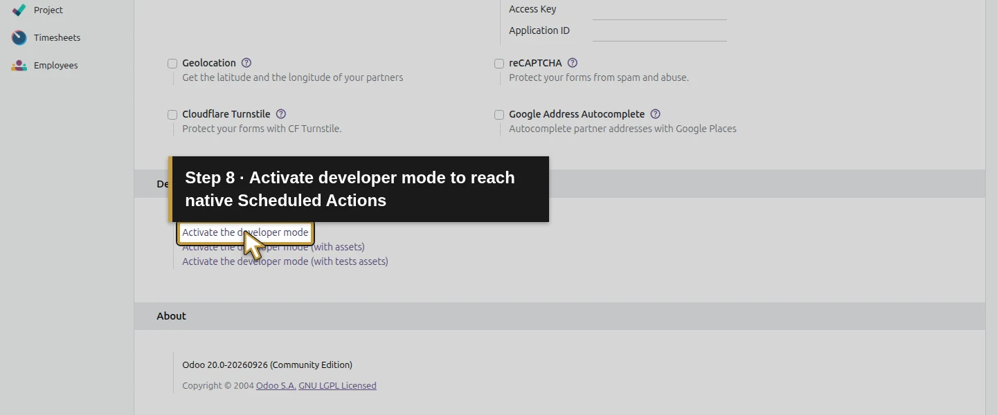 Action 8: Activate developer mode to reach native Scheduled Actions. The actual target is highlighted in gold.