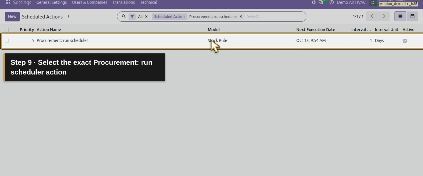Action 9: Select the exact Procurement: run scheduler action. The actual target is highlighted in gold.