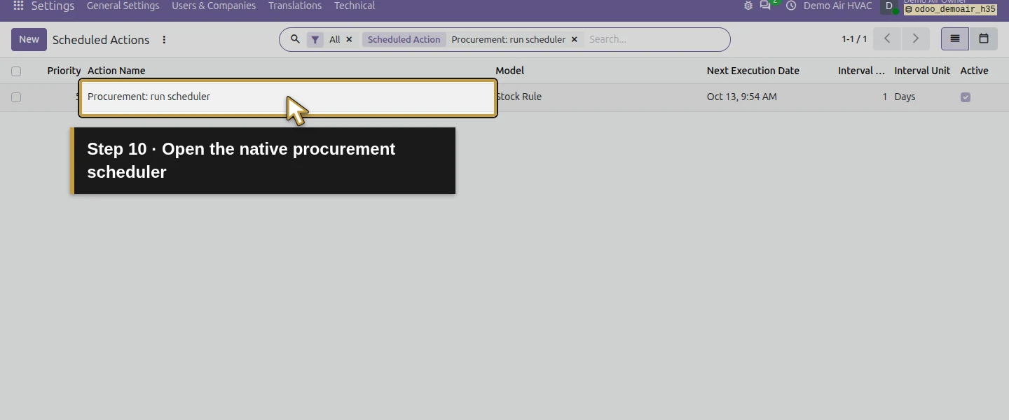 Action 10: Open the native procurement scheduler. The actual target is highlighted in gold.