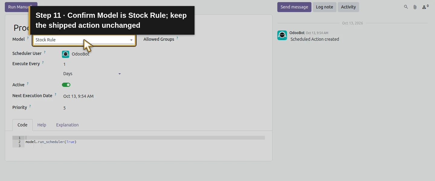 Action 11: Confirm Model is Stock Rule; keep the shipped action unchanged. The actual target is highlighted in gold.