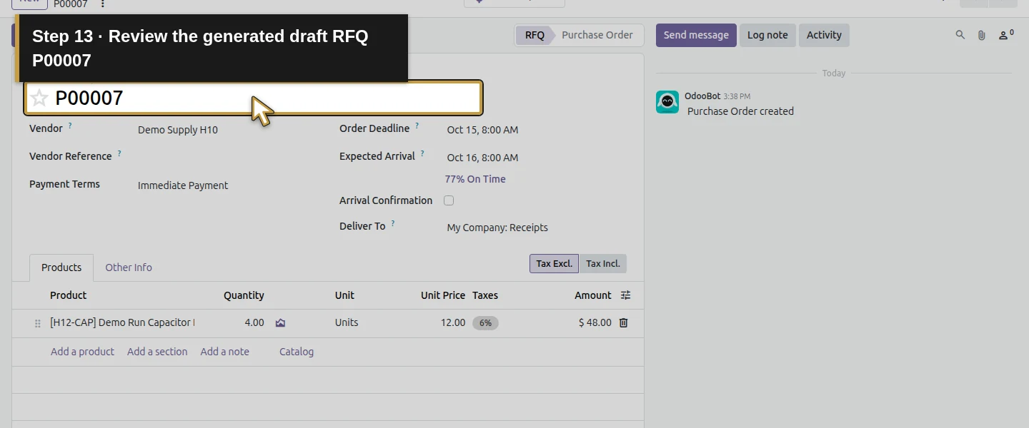 Action 13: Review the generated draft RFQ P00007. The actual target is highlighted in gold.
