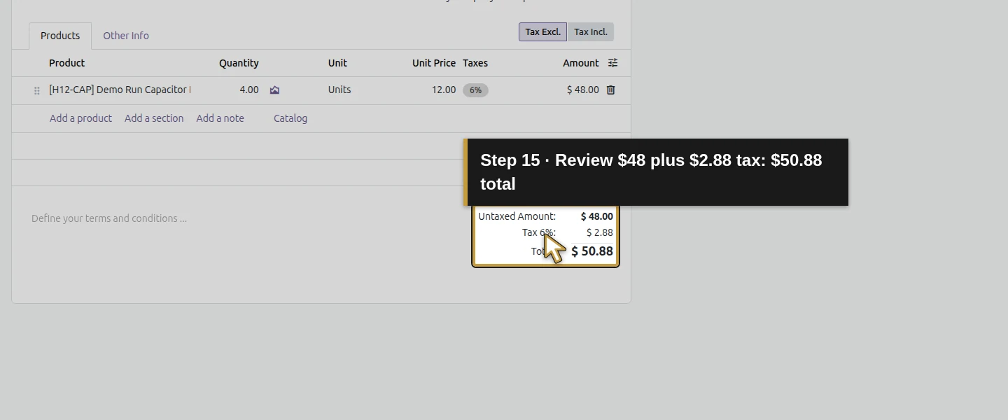 Action 15: Review $48 plus $2.88 tax: $50.88 total. The actual target is highlighted in gold.
