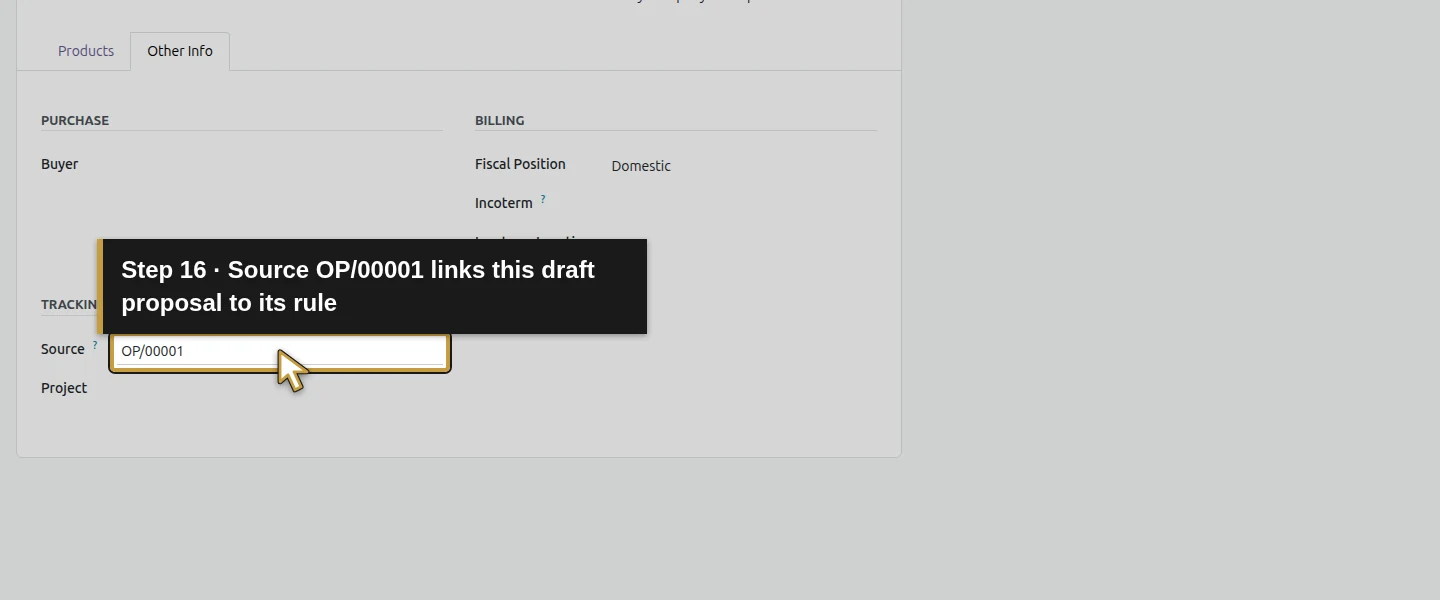 Action 16: Source OP/00001 links this draft proposal to its rule. The actual target is highlighted in gold.