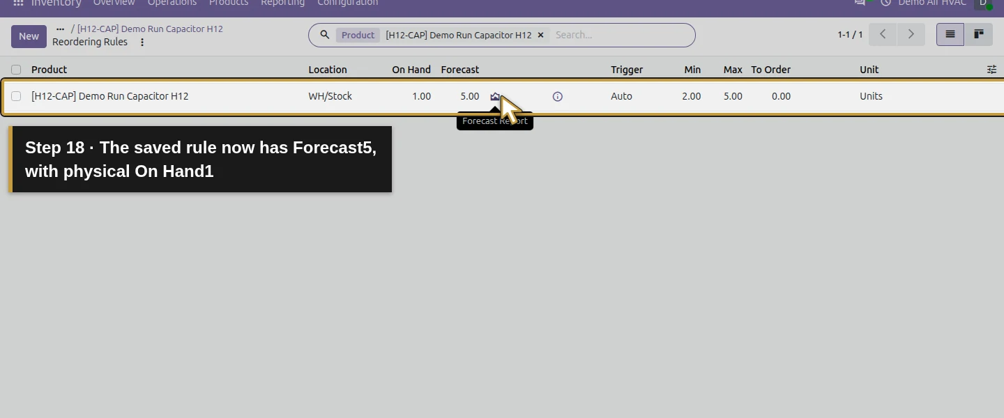 Action 18: The saved rule now has Forecast5, with physical On Hand1. The actual target is highlighted in gold.